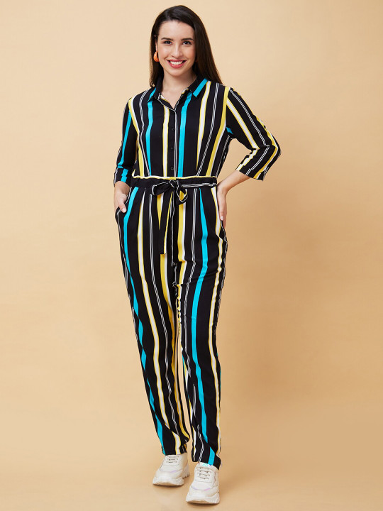 Globus Striped Shirt Collar Basic Jumpsuit