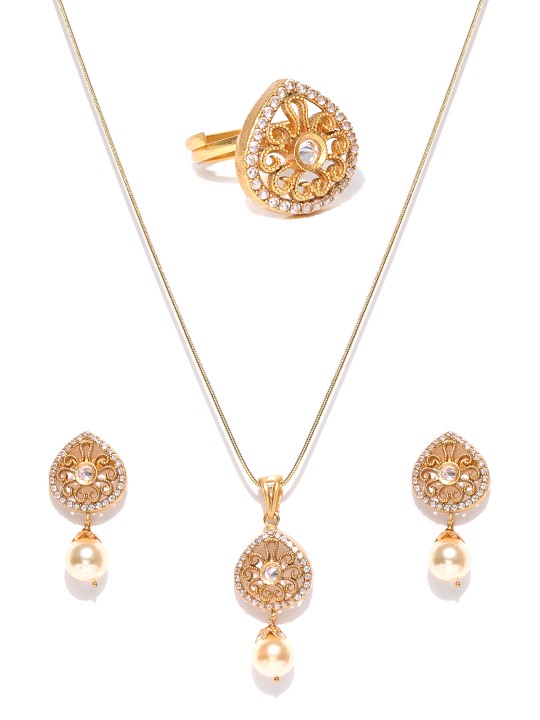 Gold-Toned CZ Stone-Studded Jewellery Set