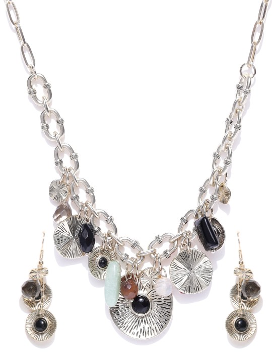 Oxidised Silver-Toned Stone-Studded Jewellery Set