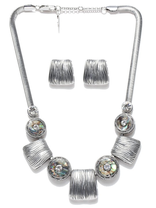 Oxidised Silver-Toned Stone-Studded Jewellery Set