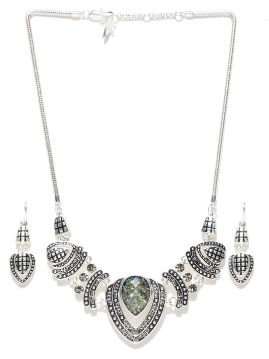 Oxidised Silver-Toned Stone-Studded Jewellery Set