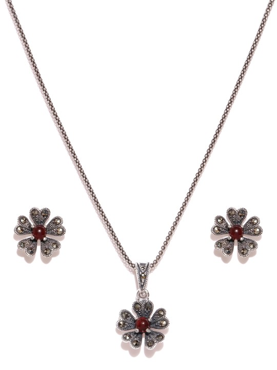 Oxidised Silver-Toned & Maroon Stone-Studded Jewellery Set