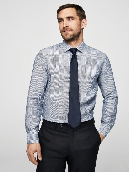 Men Blue & White Slim Fit Striped Formal Linen Shirt 34