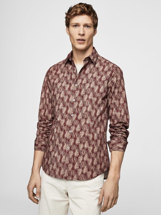 Men Rust Red & Beige Regular Fit Printed Casual Shirt 36