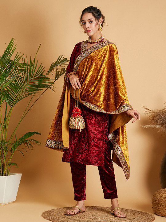 Shae by SASSAFRAS Mustard Floral Embroidered Sequinned Velvet Dupatta