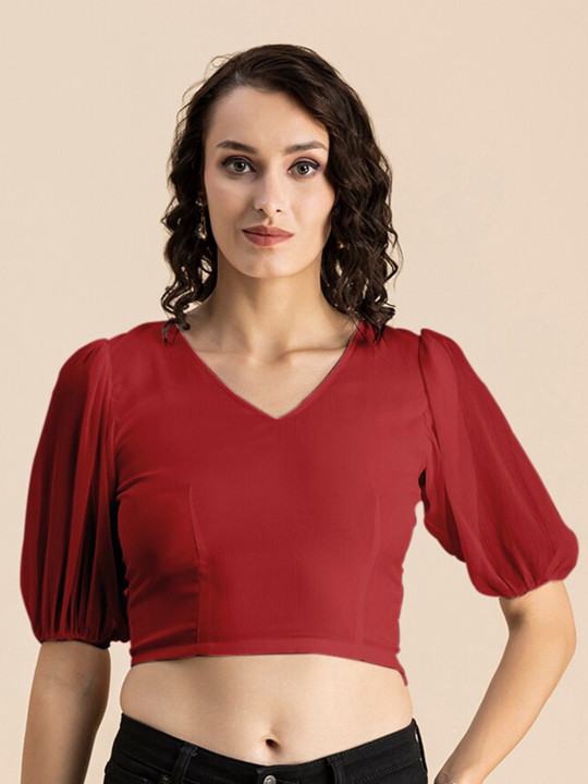 Moomaya Puff Sleeves V-Neck Chiffon Crop Top