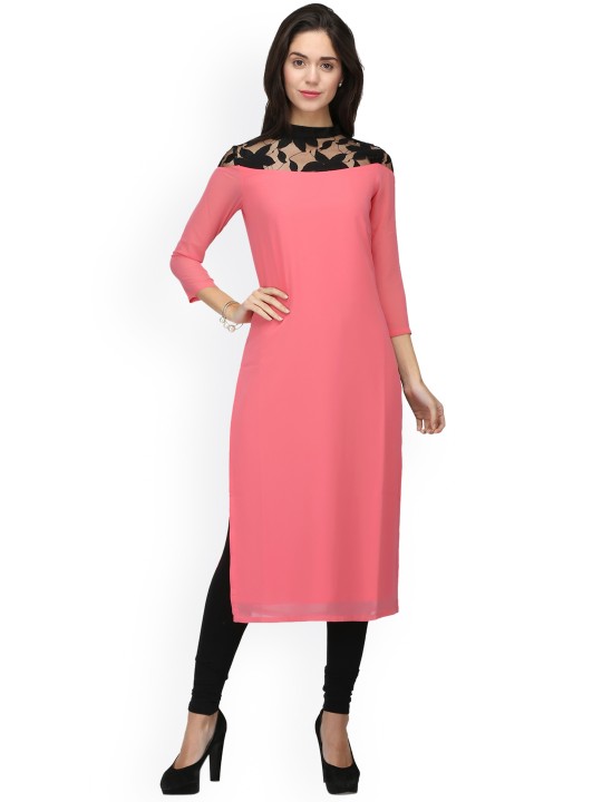 Women Pink & Black Solid Straight Kurta XS