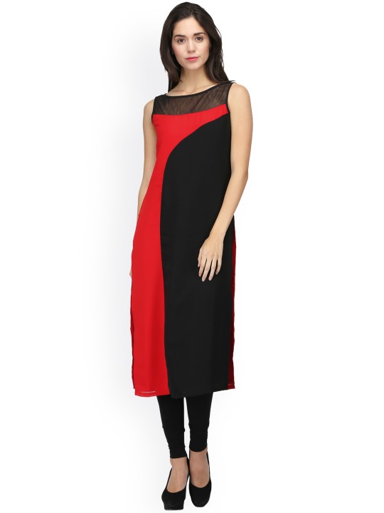 Women Black & Red Colourblocked Straight Kurta XS