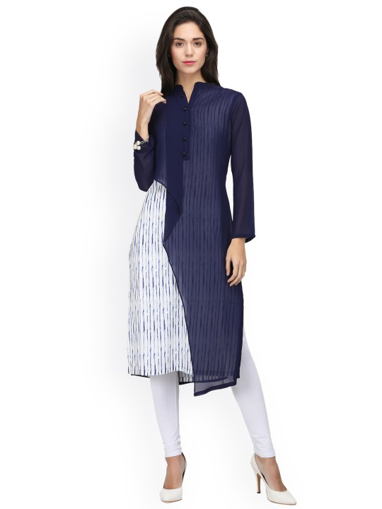 Women Navy Blue & White Colourblocked Straight Kurta XS