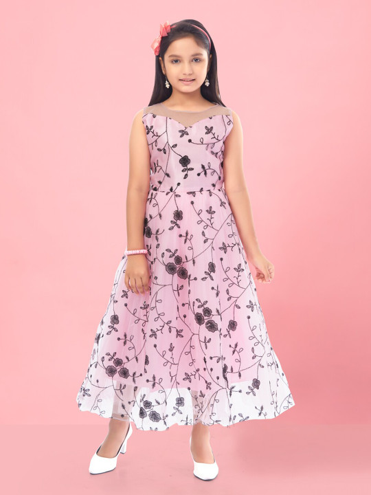 BAESD Girls Floral Printed Net Fit & Flare Maxi Dress