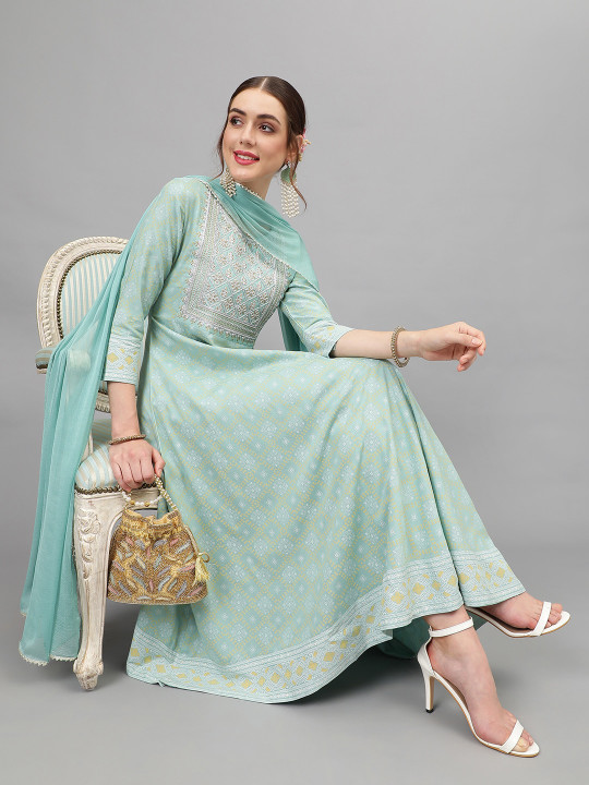 Khushal K Ethnic Motifs Printed Thread Work Kurta & Trousers With Dupatta