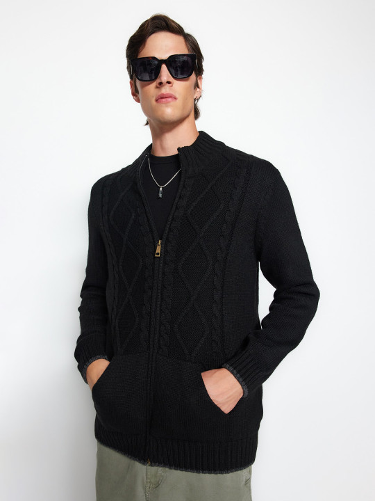 Trendyol Self Design Mock Collar Front-Open Sweater