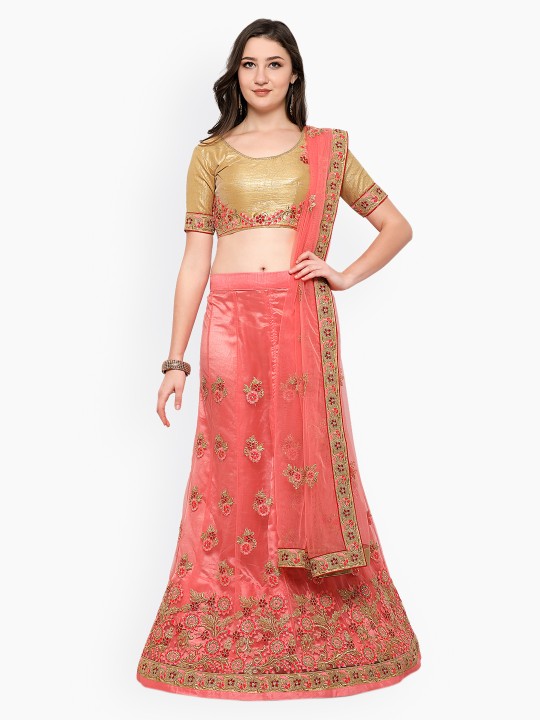 Pink & Beige Embroidered Semi-Stitched Lehenga & Unstitched Blouse with Dupatta