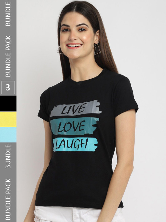Fabflee Pack Of 3 Printed Round Neck Short Sleeves Cotton T-Shirt