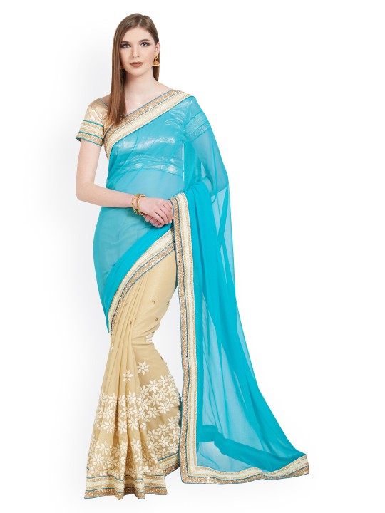Blue & Beige Pure Chiffon Embellished Saree