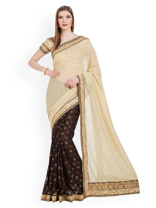 Beige & Black Art Silk Embroidered Saree