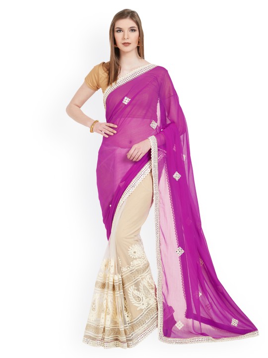 Pink & Beige Pure Chiffon Embellished Saree
