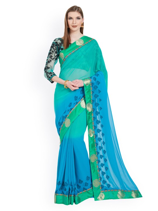 Green & Blue Pure Georgette Embellished Saree