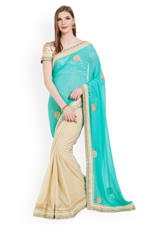Blue & Cream-Coloured Art Silk Embellished Saree