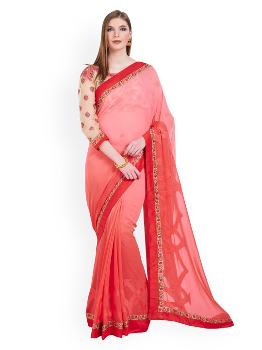 Peach-Coloured & Red Pure Georgette Embellished Saree