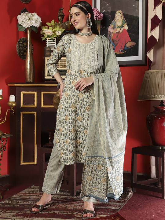 Sangria Ethnic Motifs Printed Thread Work Pure Cotton Kurta & Trouser With Dupatta