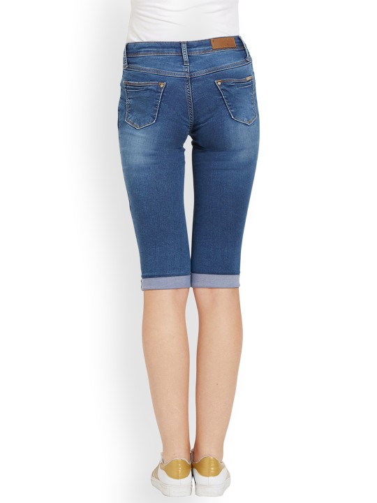 Women Blue Solid Skinny Fit Denim Shorts 28