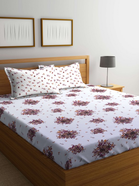 Off-White & Yellow Floral Flat 160 TC Cotton 1 Queen Bedsheet with 2 Pillow Covers