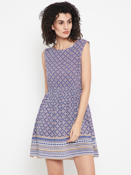 Women Blue Printed A-Line Dress XS