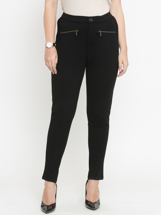 Women Black Skinny Fit Solid Regular Trousers 30