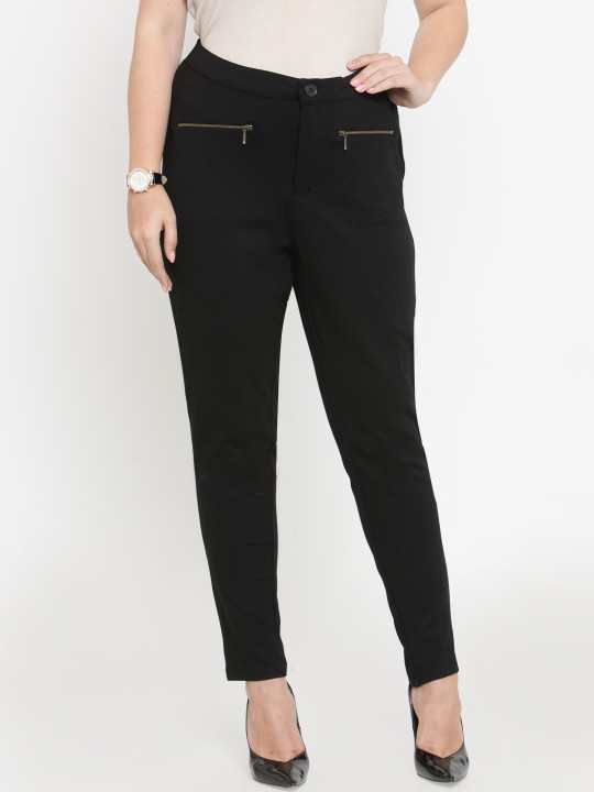 Women Black Skinny Fit Solid Regular Trousers 34