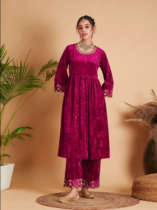 Shae by SASSAFRAS Fuchsia Floral Embroidered Velvet Flared Sleeves Kurta