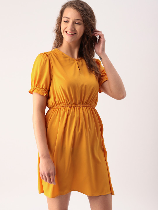 Women Mustard Yellow Solid A Line Dress L | Desertcart Bahamas