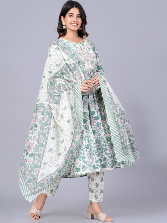 KALINI Floral Printed Pure Cotton Kurta & Trousers With Dupatta