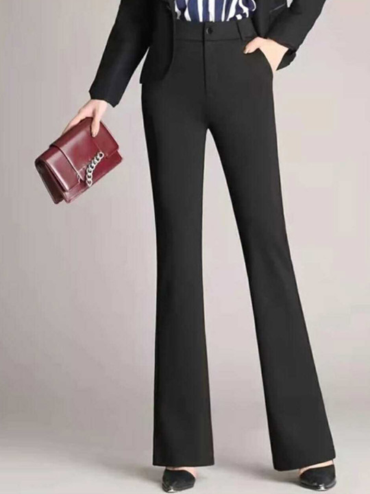 BROADSTAR Women Smart Flared High-Rise Easy Wash Bootcut Trousers