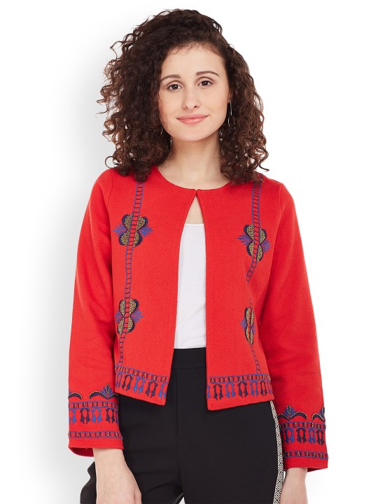 Women Red Solid Open Front Jacket XS
