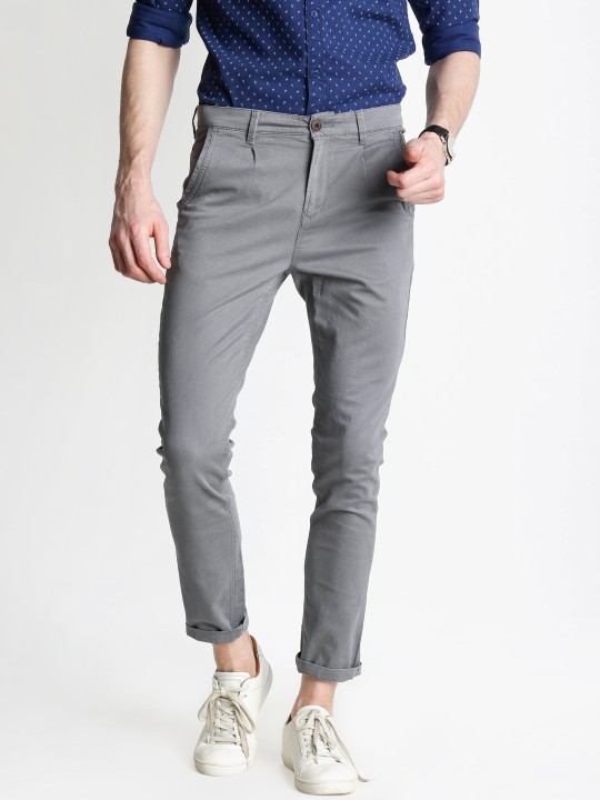 Men Grey Carrot Regular Fit Printed Trousers 30
