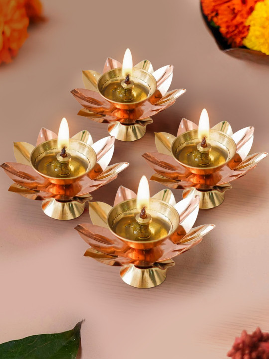 TIED RIBBONS Lotus Brass 4 Piece Easy to Clean Diwali Diyas