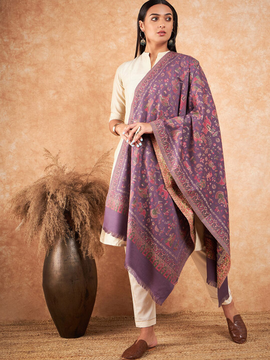 HK colours of fashion Floral Woven Design Tasselled Wool Stole