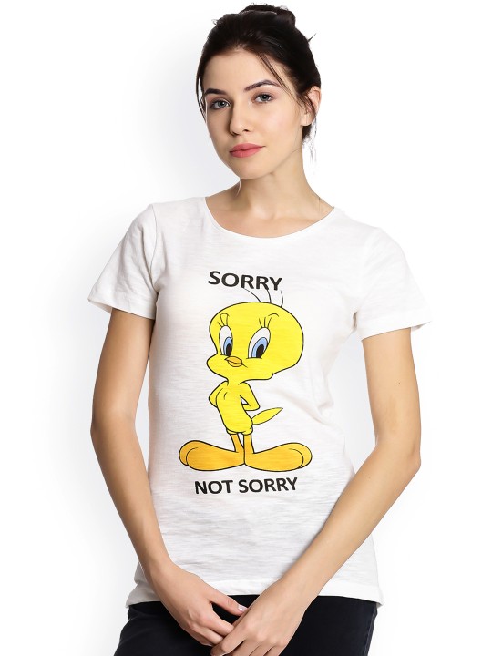 Women Off-White Printed Round Neck T-shirt S