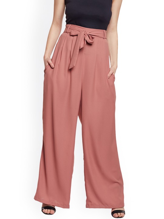 Women Tan Comfort Fit Solid Parallel Trousers 28
