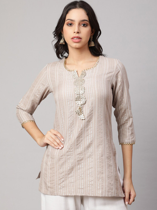 AKIMIA Striped Gotta Patti Pure Cotton Straight Kurti