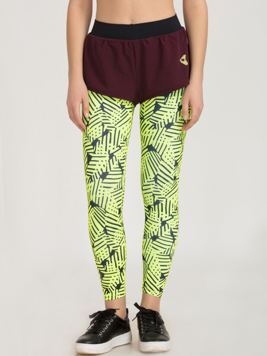 Women Lime Green & Maroon Printed Tights with Shorts M
