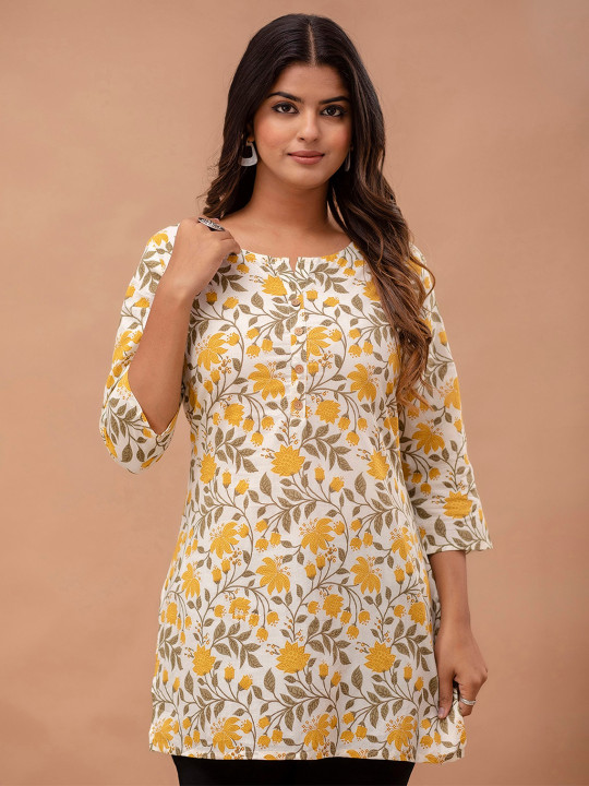 FERANOID Cream-Coloured Ethnic Motifs Printed Pure Cotton Kurti