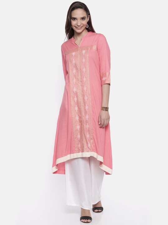 Women Coral Pink Printed A-Line Kurta XS