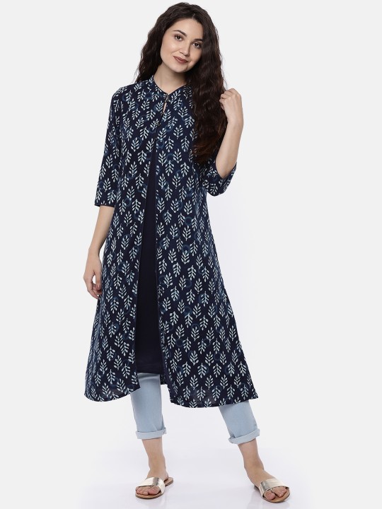 Women Navy Blue Printed A-Line Layered Kurta XS