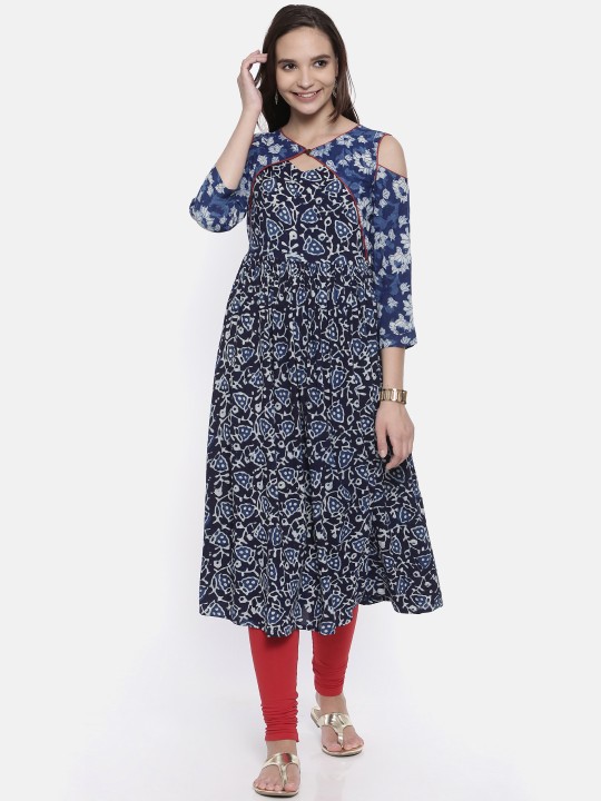 Women Blue Printed A-Line Cold Shoulder Kurta XS