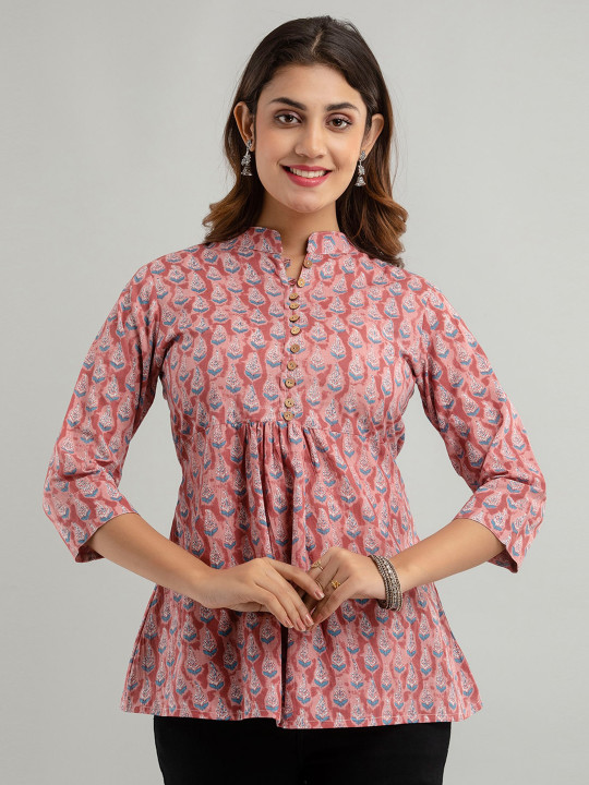 FERANOID Floral Printed Pure Cotton Pleated A-Line Kurti
