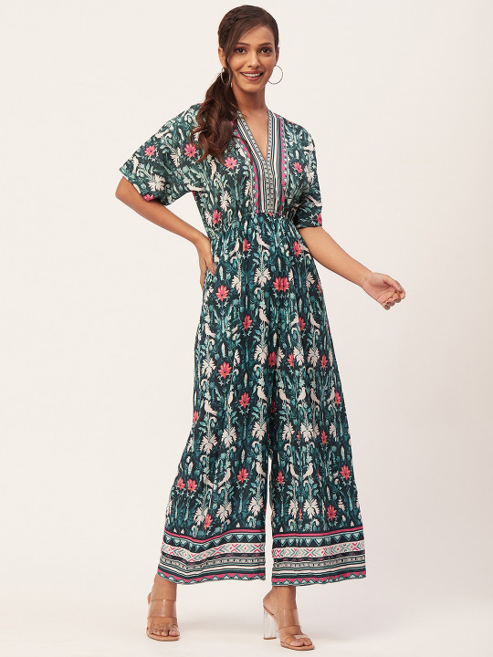 Moomaya Floral Printed V-Neck Basic Jumpsuit