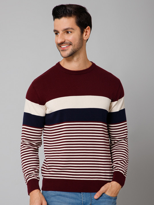 Cantabil Men Maroon & White Striped Pullover