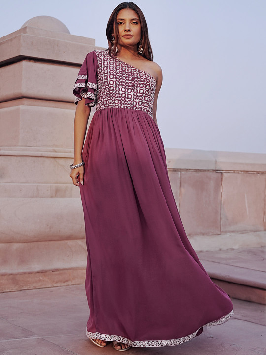 Gerua By Libas Embellished Embroidered One Shoulder Flared Sleeves Georgette Maxi Dress